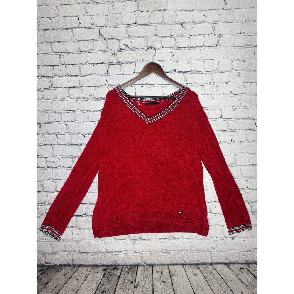 Tommy Hilfiger Red V Neck Chenille Sweater With Striped Trim Womens‎